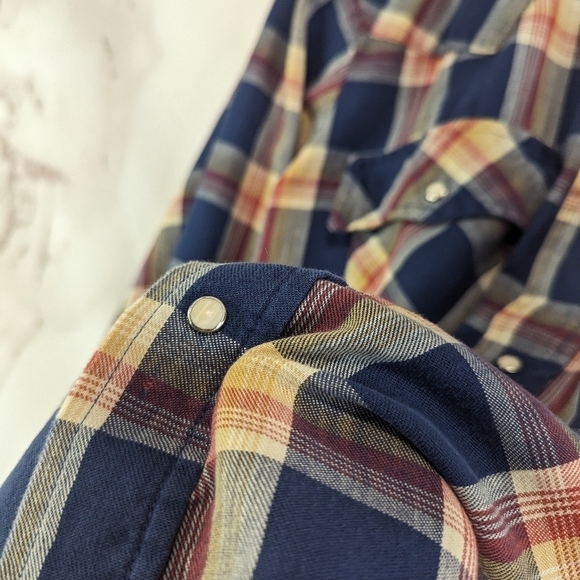 Vintage Levis Shirt Mens Small Blue Orange Plaid Pearl Snap 80s Workwear Cowboy - Picture 10 of 15